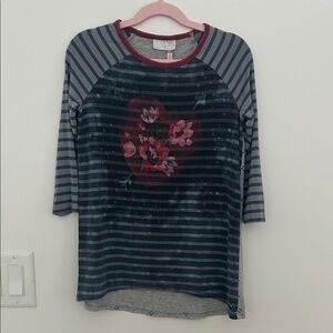 Girls' Striped Raglan Long Sleeve Top with Pink Floral Heart Size 8